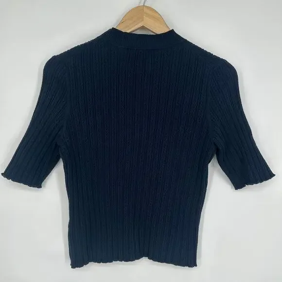 Boden Pointelle Rib Knit Mock Neck Top Knit Short Sleeve Lettuce Trim Sweater - Picture 7 of 10